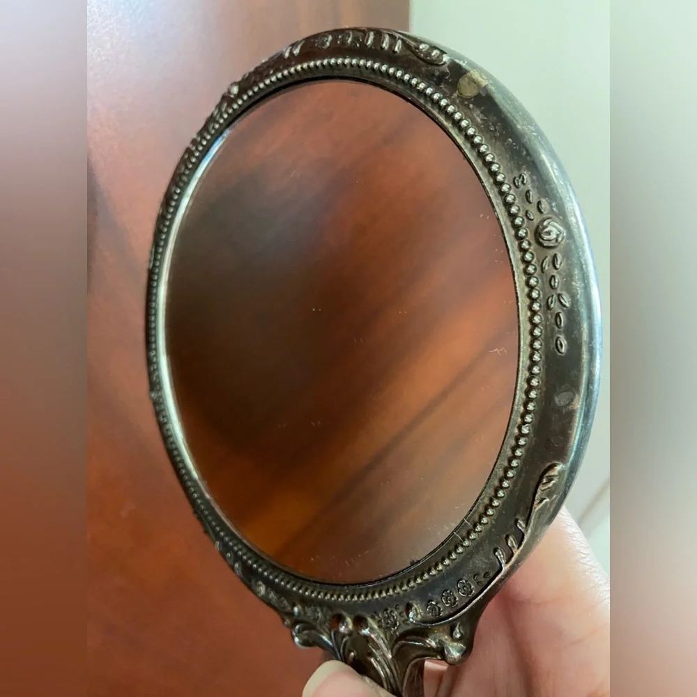 Vintage Art Deco Victorian Style Silver Plate Metal Hand Mirror Heavy 9 1/2